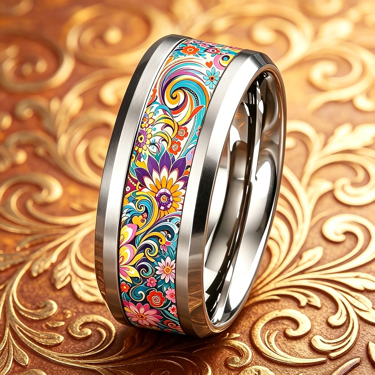 Wedding Sutra - Anel floral mandala colorido boêmio para